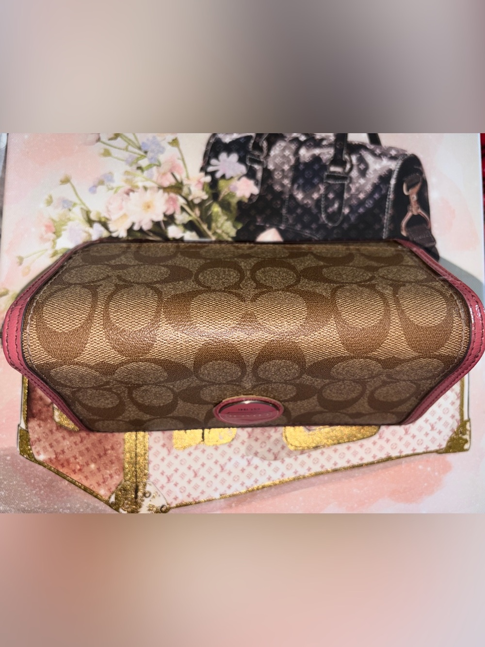 Coach Coated Canvas Tan Monogram Zip Closure Wallet with Pink Trim - Picture 7 of 12